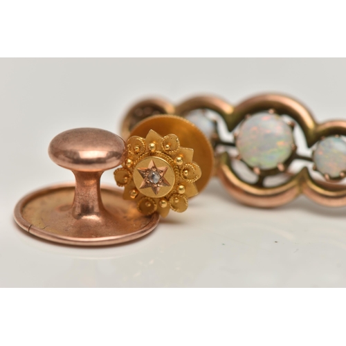 129 - TWO DRESS STUDS AND A BROOCH, to include a polished rose metal dress stud, hallmarked 9ct Birmingham... 