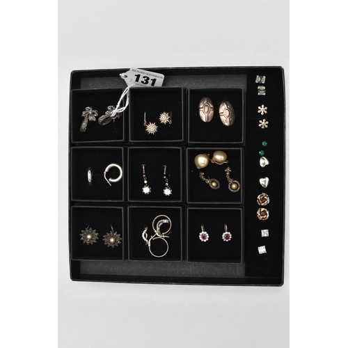 131 - A BOX OF ASSORTED EARRINGS, seventeen pairs included, to include hoops, drop earrings and studs, nin... 