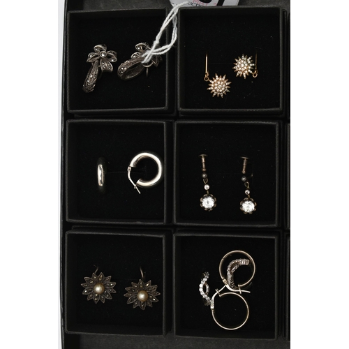 131 - A BOX OF ASSORTED EARRINGS, seventeen pairs included, to include hoops, drop earrings and studs, nin... 