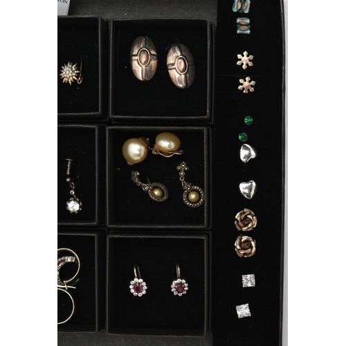 131 - A BOX OF ASSORTED EARRINGS, seventeen pairs included, to include hoops, drop earrings and studs, nin... 