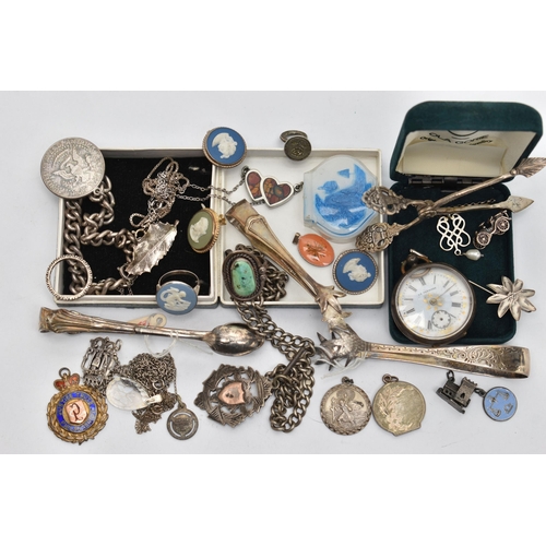 132 - A BAG OF ASSORTED SILVER JEWELLERY AND ITEMS, to include a pair of silver ice tongs, hallmarked Shef... 