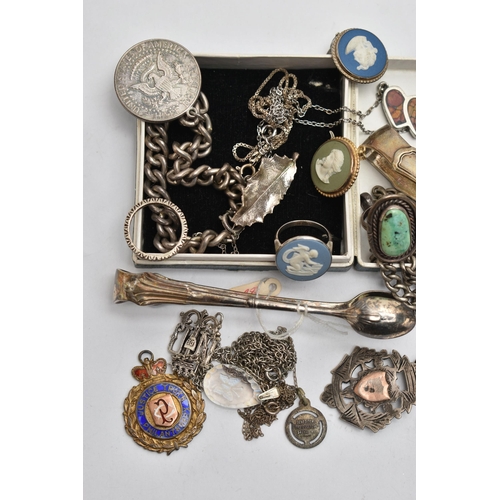 132 - A BAG OF ASSORTED SILVER JEWELLERY AND ITEMS, to include a pair of silver ice tongs, hallmarked Shef... 