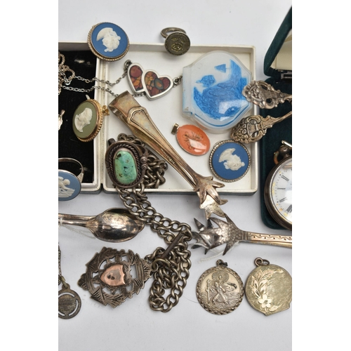 132 - A BAG OF ASSORTED SILVER JEWELLERY AND ITEMS, to include a pair of silver ice tongs, hallmarked Shef... 