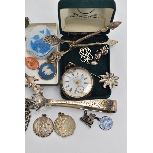 132 - A BAG OF ASSORTED SILVER JEWELLERY AND ITEMS, to include a pair of silver ice tongs, hallmarked Shef... 