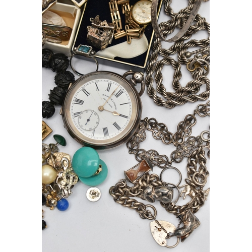 133 - A BAG OF ASSORTED SILVER, COSTUME JEWELLERY AND WRISTWATCHES, to include a silver charm bracelet fit... 