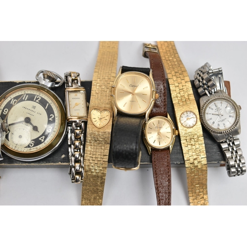 134 - AN ASSORTMENT OF WATCHES, to include an 'Ingersoll Ltd' triumph pocket watch, a ladys 'Jaquet-Droz',... 