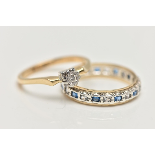 22 - TWO GEM SET RINGS, the first a yellow metal single stone diamond ring, set with a small round brilli... 