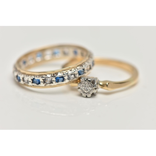 22 - TWO GEM SET RINGS, the first a yellow metal single stone diamond ring, set with a small round brilli... 