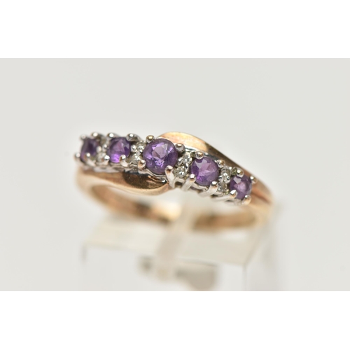 26 - A 9CT GOLD AMETHYST AND DIAMOND RING, designed with a row of graduating circular cut amethyst, inter... 