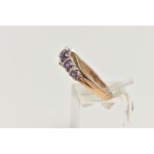 26 - A 9CT GOLD AMETHYST AND DIAMOND RING, designed with a row of graduating circular cut amethyst, inter... 