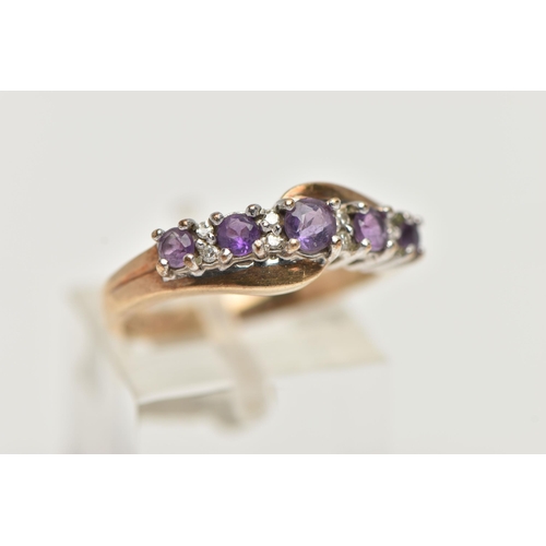 26 - A 9CT GOLD AMETHYST AND DIAMOND RING, designed with a row of graduating circular cut amethyst, inter... 