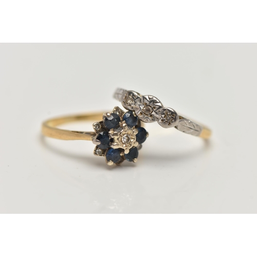 3 - TWO GEM SET RINGS, to include a sapphire and diamond cluster ring, with a central single cut diamond... 