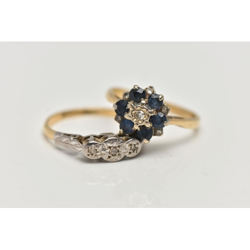 3 - TWO GEM SET RINGS, to include a sapphire and diamond cluster ring, with a central single cut diamond... 