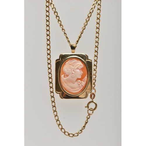 30 - A 9CT GOLD CAMEO PENDANT/BROOCH AND CHAIN, the oval carved shell cameo depicting a lady in profile, ... 