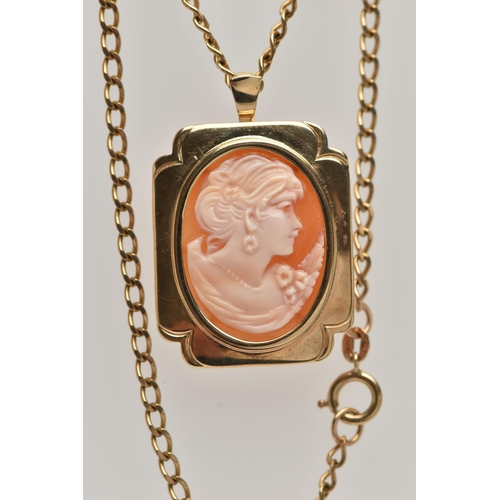 30 - A 9CT GOLD CAMEO PENDANT/BROOCH AND CHAIN, the oval carved shell cameo depicting a lady in profile, ... 