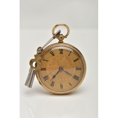 31 - A LATE VICTORIAN 18CT GOLD OPEN FACE POCKET WATCH, key wound, gold floral detailed dial, Roman numer... 