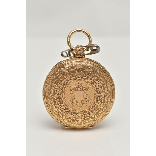 31 - A LATE VICTORIAN 18CT GOLD OPEN FACE POCKET WATCH, key wound, gold floral detailed dial, Roman numer... 