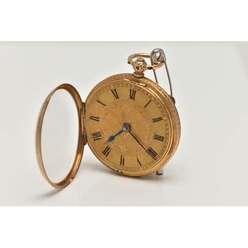 31 - A LATE VICTORIAN 18CT GOLD OPEN FACE POCKET WATCH, key wound, gold floral detailed dial, Roman numer... 