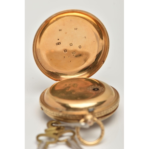 31 - A LATE VICTORIAN 18CT GOLD OPEN FACE POCKET WATCH, key wound, gold floral detailed dial, Roman numer... 