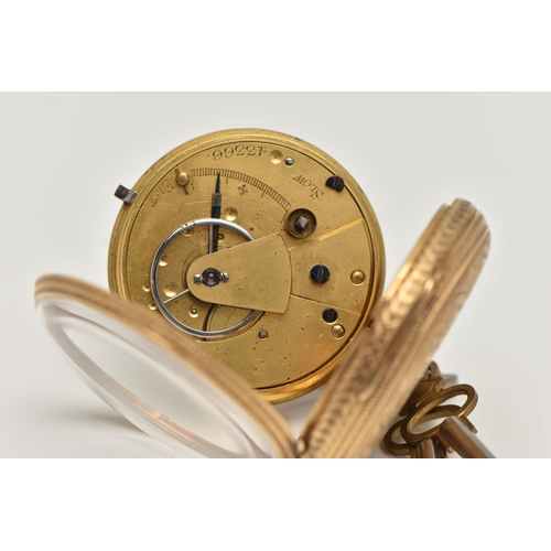 31 - A LATE VICTORIAN 18CT GOLD OPEN FACE POCKET WATCH, key wound, gold floral detailed dial, Roman numer... 