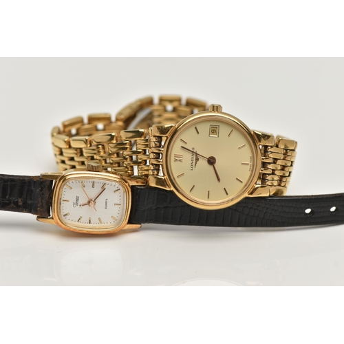 32 - A LADYS 'LONGINES' WRISTWATCH AND A TIMEX WATCH, quartz Longines, round gold dial signed 'Longines',... 