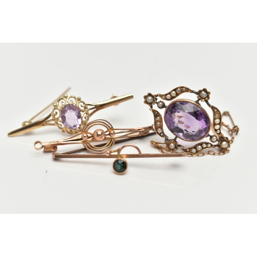 35 - FOUR BROOCHES, the first set with an oval cut amethyst with a split pearl surround, in an unmarked y... 