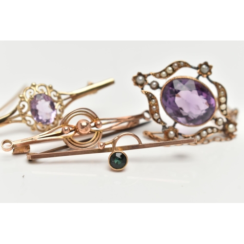 35 - FOUR BROOCHES, the first set with an oval cut amethyst with a split pearl surround, in an unmarked y... 