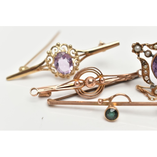 35 - FOUR BROOCHES, the first set with an oval cut amethyst with a split pearl surround, in an unmarked y... 