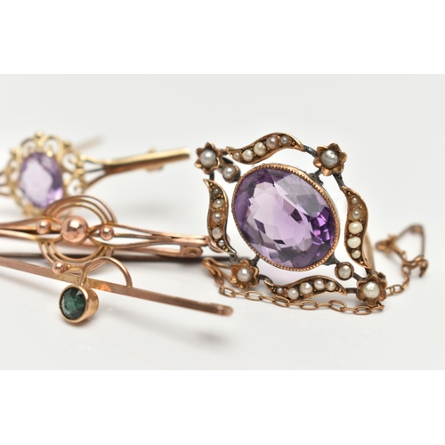 35 - FOUR BROOCHES, the first set with an oval cut amethyst with a split pearl surround, in an unmarked y... 