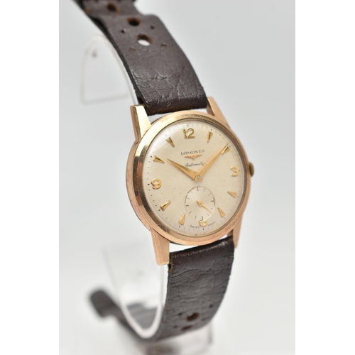 39 - A GENTS 9CT GOLD 'LONGINES' AUTOMATIC WRISTWATCH, round silver dial signed 'Longines Automatic' Arab... 