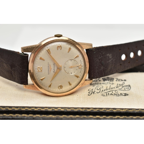 39 - A GENTS 9CT GOLD 'LONGINES' AUTOMATIC WRISTWATCH, round silver dial signed 'Longines Automatic' Arab... 