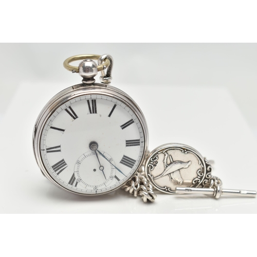 44 - A LATE VICTORIAN SILVER OPEN FACE POCKET WATCH AND AN ALBERT CHAIN, key wound, round white dial, Rom... 