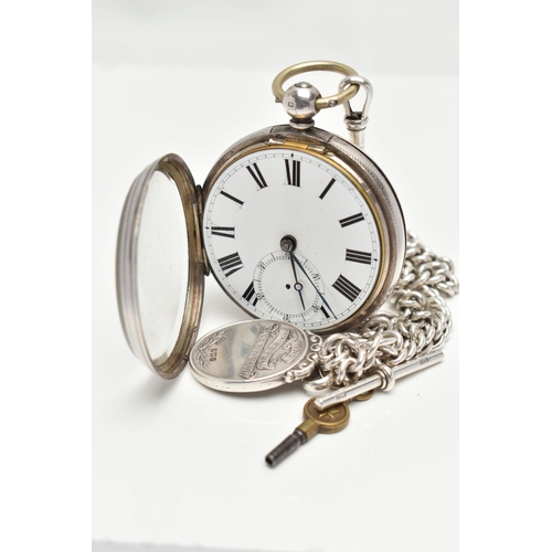 44 - A LATE VICTORIAN SILVER OPEN FACE POCKET WATCH AND AN ALBERT CHAIN, key wound, round white dial, Rom... 