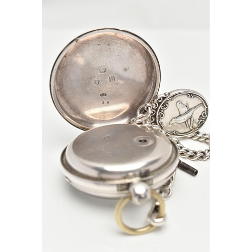 44 - A LATE VICTORIAN SILVER OPEN FACE POCKET WATCH AND AN ALBERT CHAIN, key wound, round white dial, Rom... 