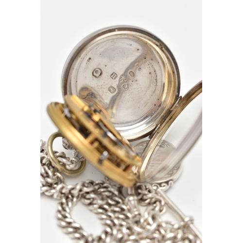 44 - A LATE VICTORIAN SILVER OPEN FACE POCKET WATCH AND AN ALBERT CHAIN, key wound, round white dial, Rom... 