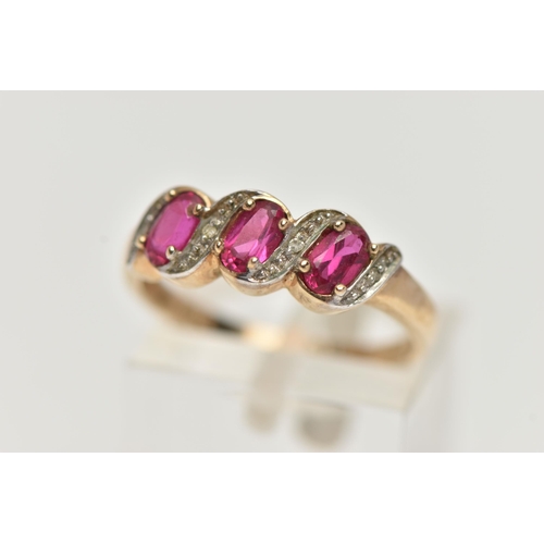 48 - A 9CT GOLD GEM SET RING, three oval cut synthetic rubies accented with four round brilliant cut diam... 