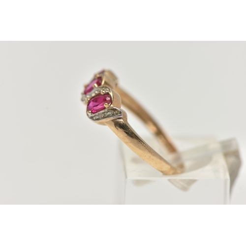 48 - A 9CT GOLD GEM SET RING, three oval cut synthetic rubies accented with four round brilliant cut diam... 