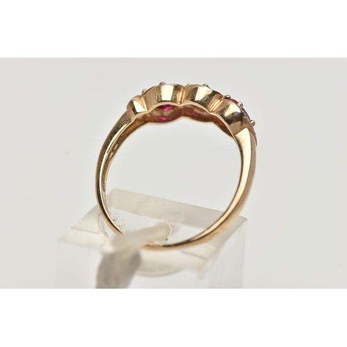 48 - A 9CT GOLD GEM SET RING, three oval cut synthetic rubies accented with four round brilliant cut diam... 