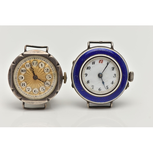 49 - TWO EARLY 20TH CENTURY SILVER WATCH HEADS, the first with blue enamel detail, hallmarked London impo... 