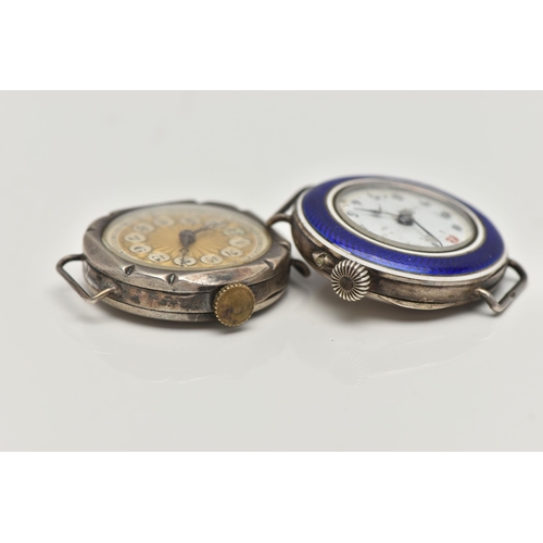 49 - TWO EARLY 20TH CENTURY SILVER WATCH HEADS, the first with blue enamel detail, hallmarked London impo... 