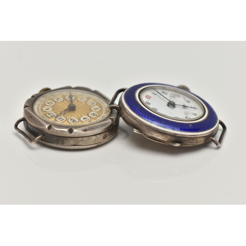 49 - TWO EARLY 20TH CENTURY SILVER WATCH HEADS, the first with blue enamel detail, hallmarked London impo... 