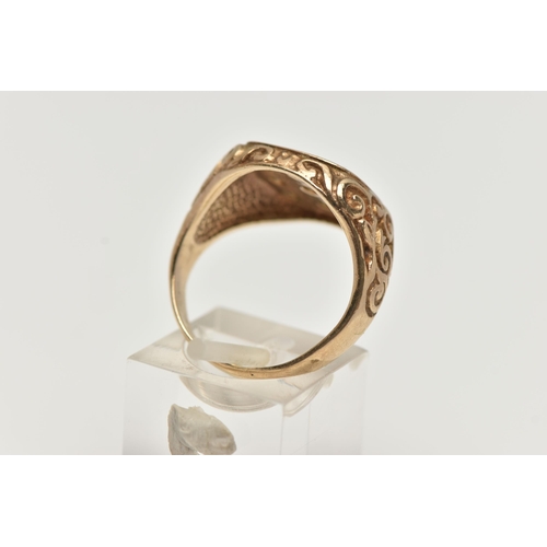 52 - A 9CT GOLD NINE STONE SIGNET RING, square signet set with nine colourless stones assessed as paste, ... 