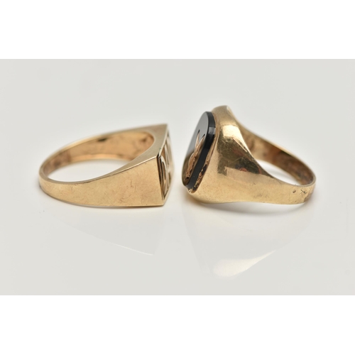 56 - TWO 9CT GOLD RINGS, the first an onyx playboy signet ring, depicting the playboy bunny, collet set t... 