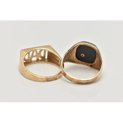 56 - TWO 9CT GOLD RINGS, the first an onyx playboy signet ring, depicting the playboy bunny, collet set t... 