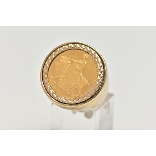 57 - A GENTS FULL SOVEREIGN RING, Elizabeth II 2019 sovereign depicting Una and the Lion, textured mount,... 