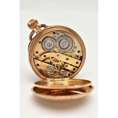 63 - A LADYS YELLOW METAL OPEN FACE POCKET WATCH, manual wind, round floral detailed gold dial, Roman num... 