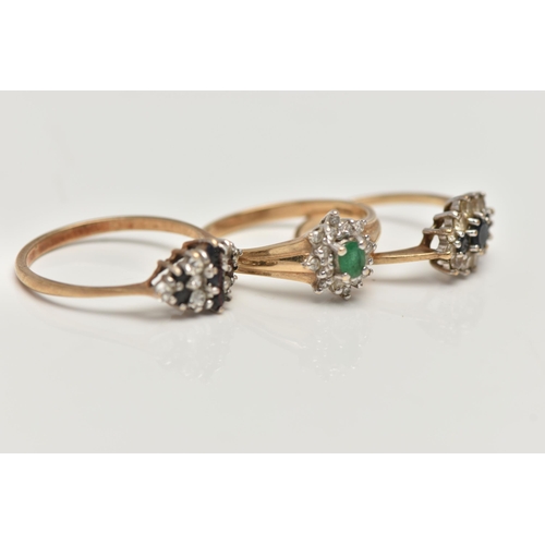 69 - THREE 9CT GOLD GEM SET RINGS, the first a small emerald and diamond cluster ring, hallmarked 9ct Lon... 