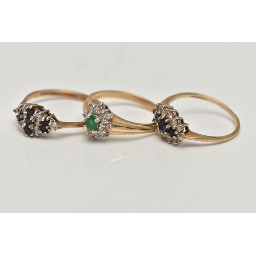 69 - THREE 9CT GOLD GEM SET RINGS, the first a small emerald and diamond cluster ring, hallmarked 9ct Lon... 