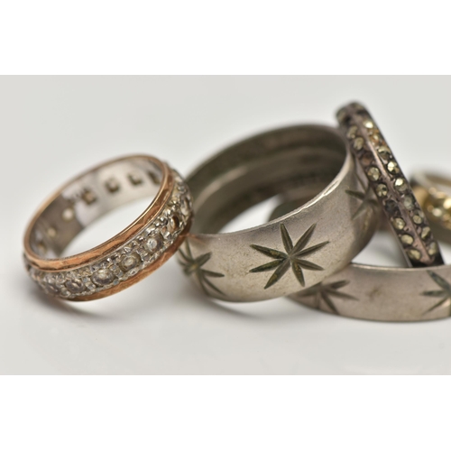 71 - SIX RINGS, to include a yellow and white metal full eternity ring set with colourless spinels, stamp... 