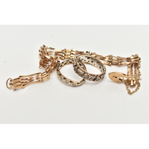 77 - ASSORTED 9CT GOLD AND YELLOW METAL JEWELLERY, to include an AF yellow metal gate bracelet, unmarked,... 